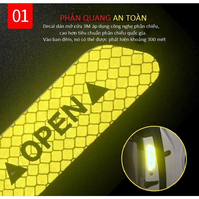 Combo 4 Miếng dán Decal Phản Quang Dán Cánh Cửa Ô Tô OPEN Cao Cấp AZONE