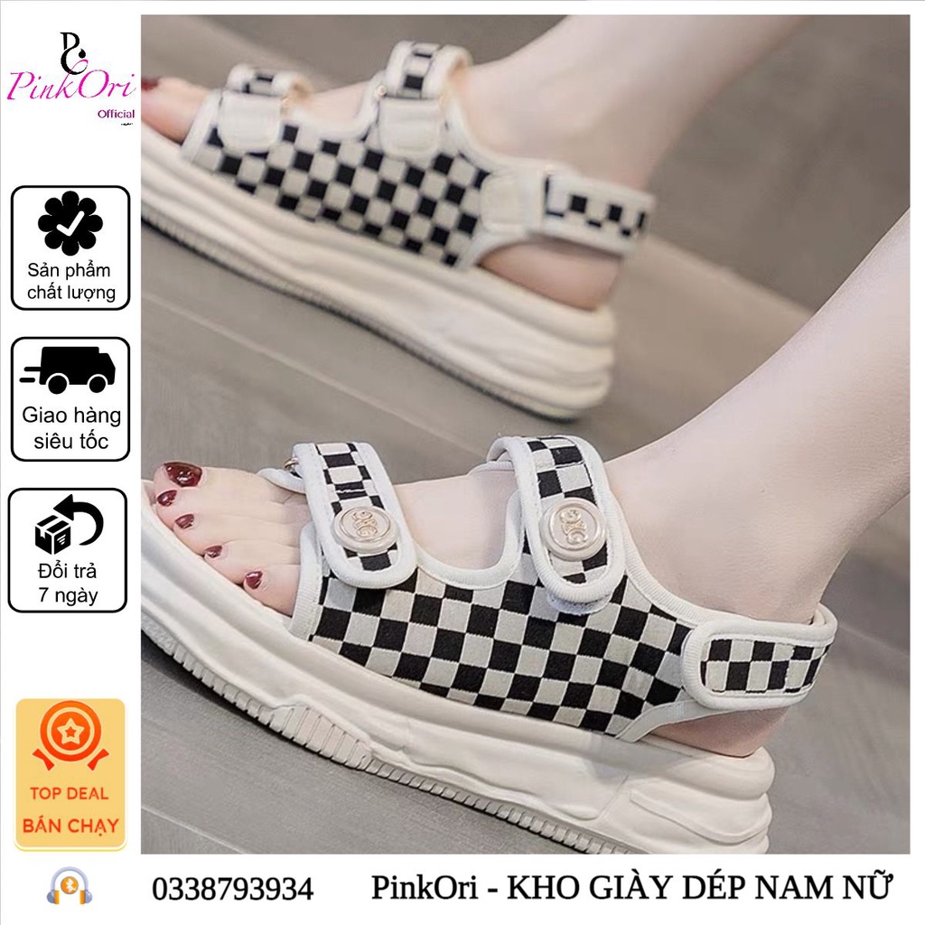 Dép Sandal quai dán kẻ ô vuông điệu đà - Dép quai hậu cho học sinh cute - PinkOri