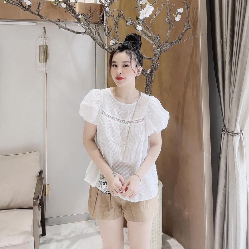 Bộ mặc nhà nữ kiểu Babydoll bánh bèo tay ngắn vai bồng, đồ mặc nhà nữ kèm quần Sooc - SN05