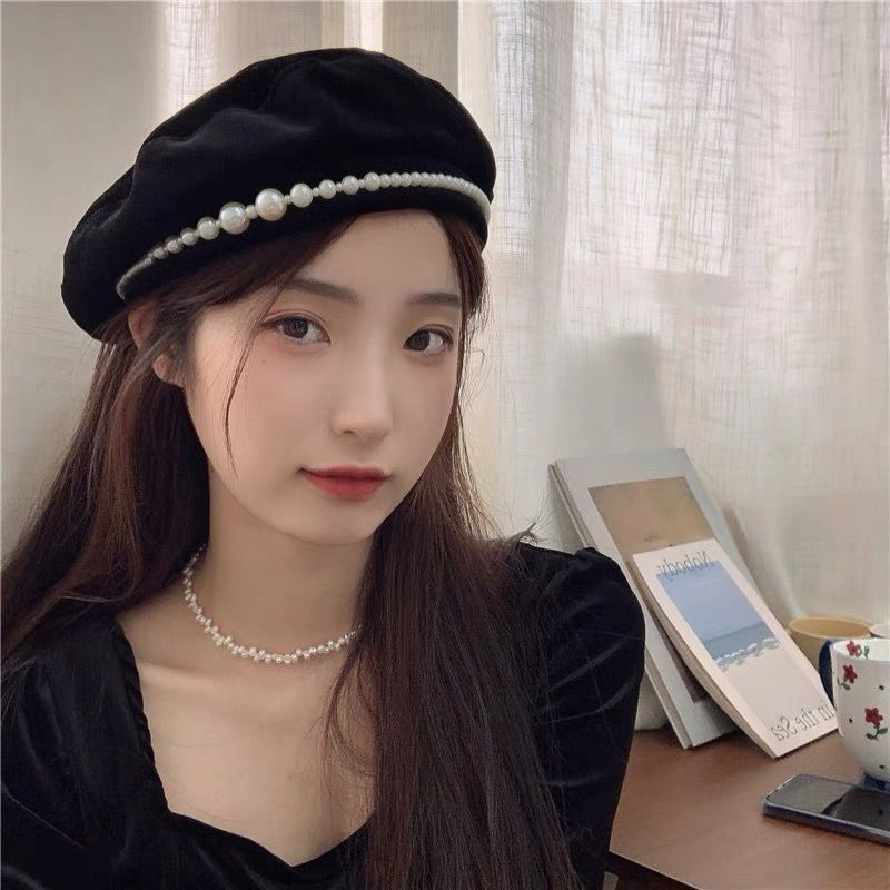 Mũ Beret Nhung Viền Ngọc