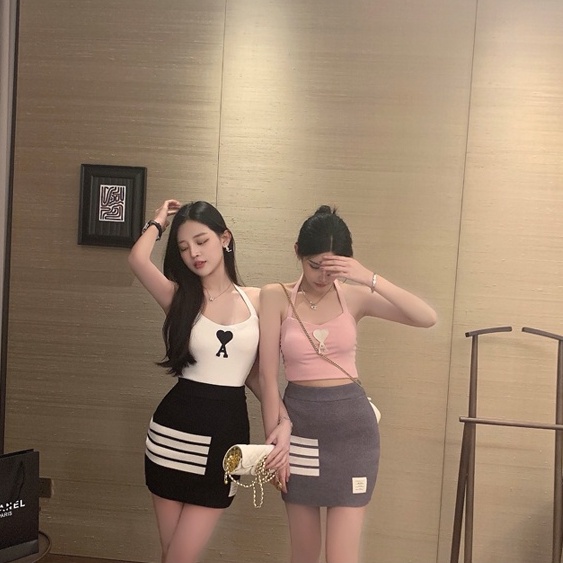 Cocory vn Set Áo hai dây + Chân Váy Chữ A Họa Tiết Kẻ Sọc Thời Trang Quyến Rũ Cho Nữ