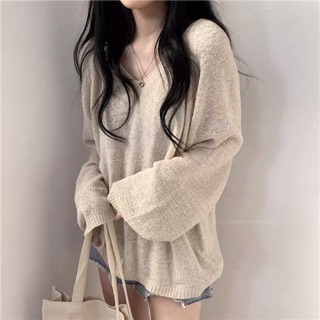 (Sẵn be) Áo len mỏng dáng thụng basic Hàn Quốc