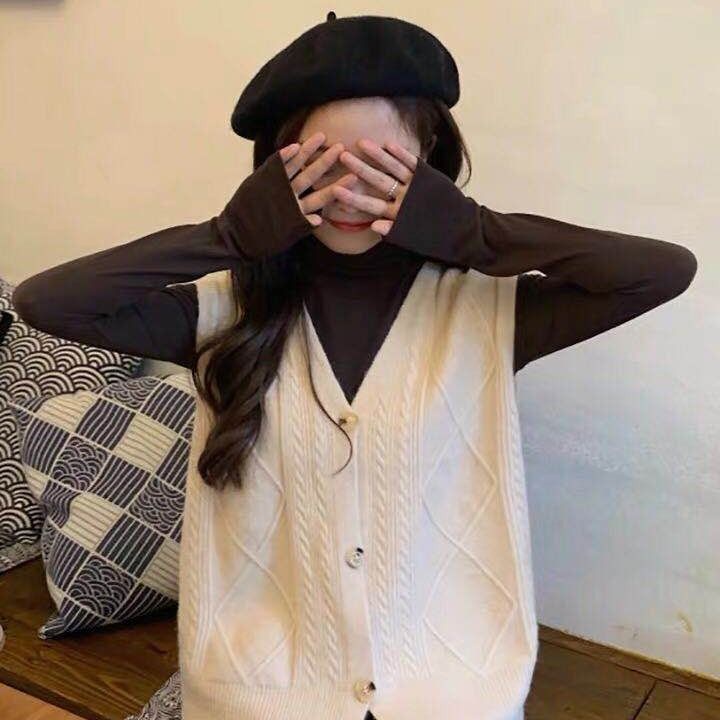 Áo len không tay cổ chữ v form rộng phong cách Hàn quốc