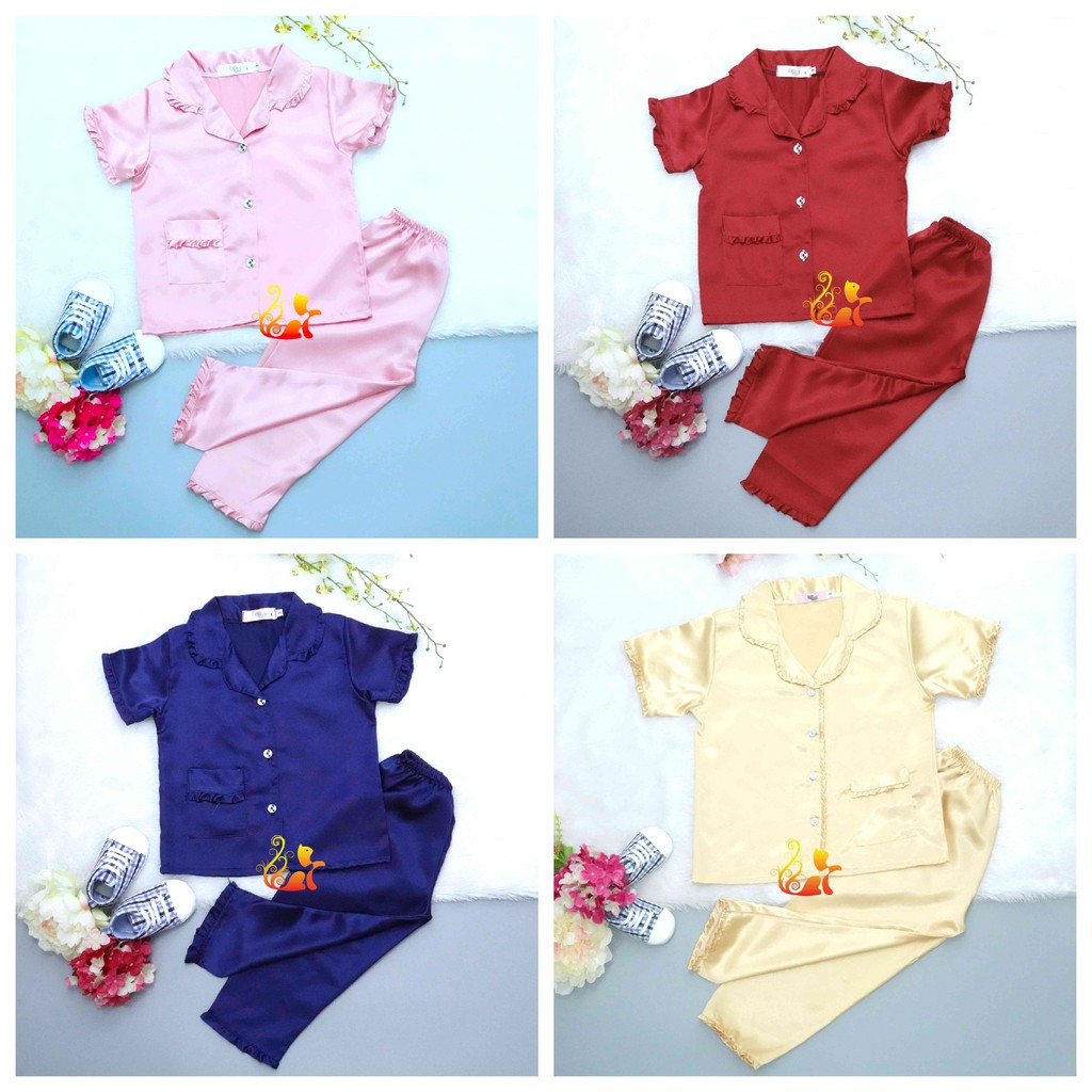 Combo 3  Bộ Pijama Phi Lụa Viền Bèo Quần Dài Cho Bé Ngẫu Nhiên - Từ 12kg - 42kg.