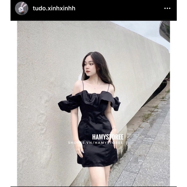 Đầm đen dây trễ vai