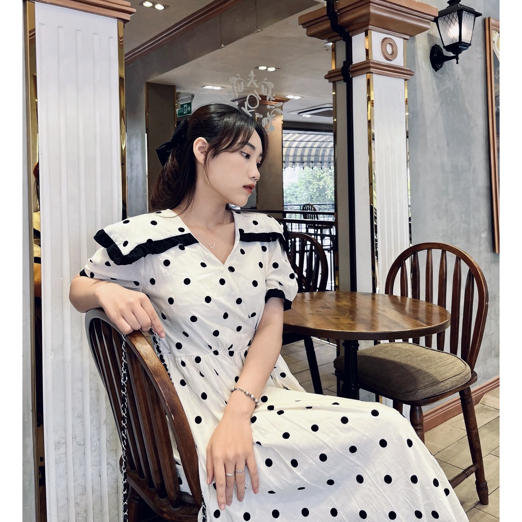 (HÀNG SẴN) Váy voan chấm bi 2 lớp dáng dài qua gối, đầm dài tay ngắn có dây thắt eo bên hông freesize