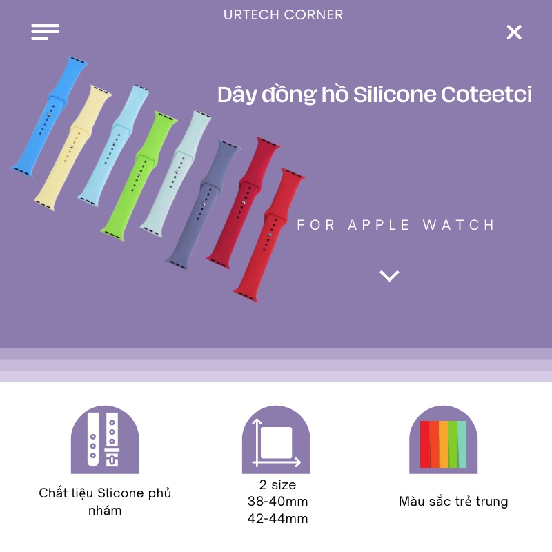 Dây đồng hồ Silicone Coteetci Urtechcorner cho Apple Watch 1-6/SE chống nước siêu nhẹ độ bền cao