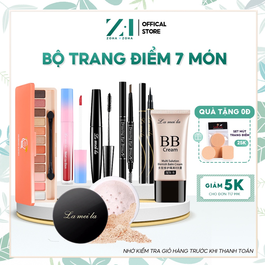 Bộ trang điểm LAMEILA 7 món cá nhân tiện lợi Kem BB, Phấn phủ, Phấn mắt, Mascara, Chì kẻ mày, Bút kẻ mắt, Son lì