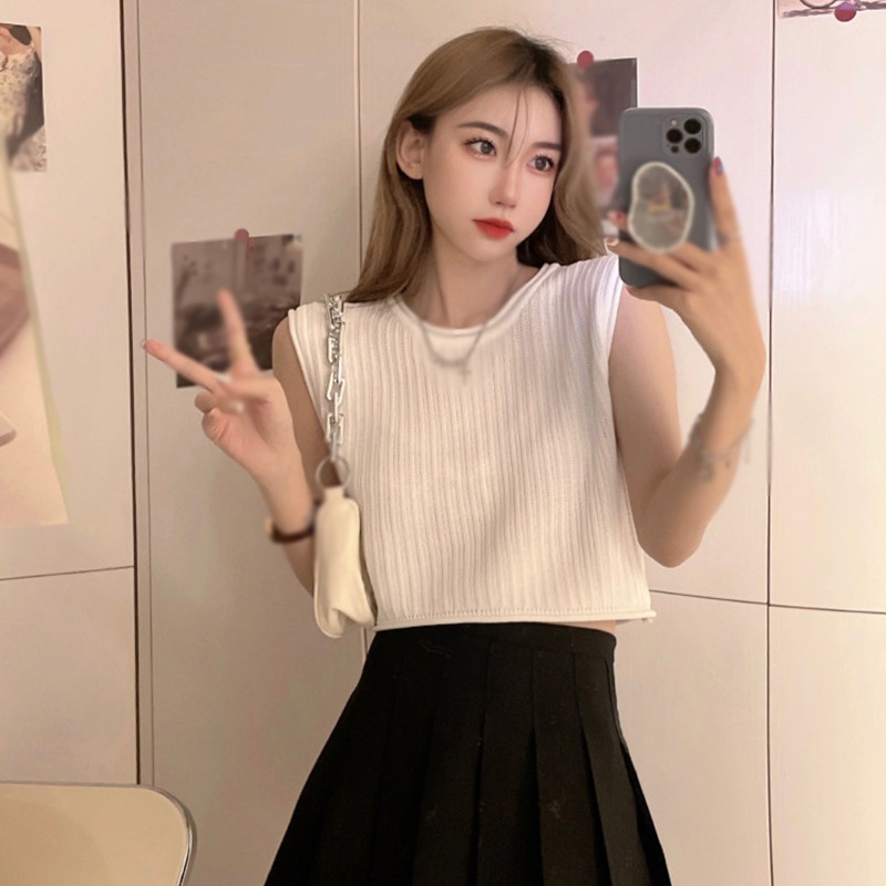 Áo dệt kim không tay màu trơn dáng ôm thời trang mùa thu cho nữ