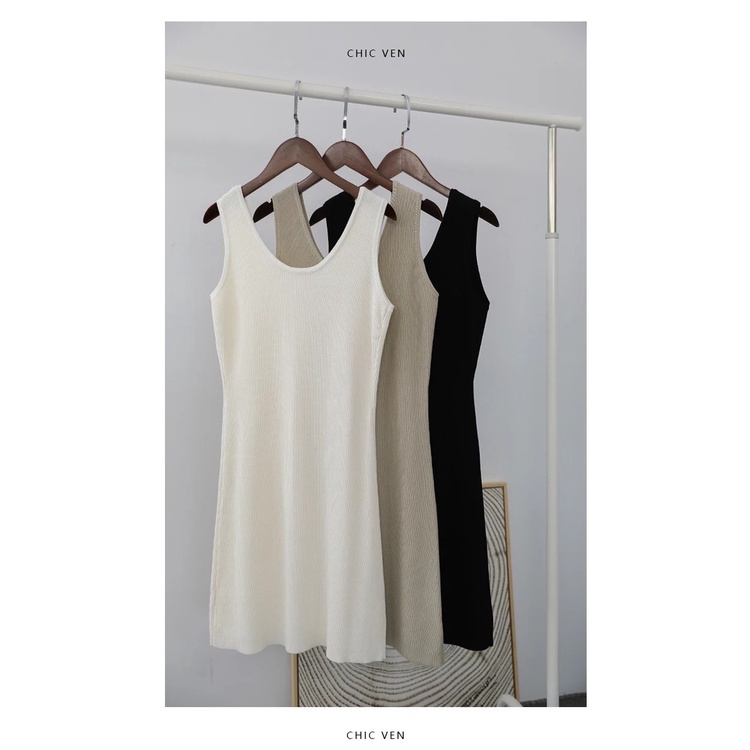 Đầm dệt kim mảnh vừa vặn cổ chữ U không tay có túi bên hông dành cho nữ