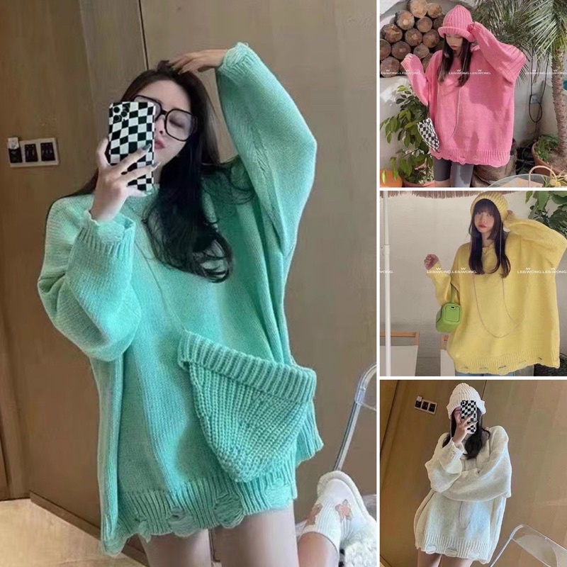 Áo len tiêu rách gấu kèm mũ len dáng rộng cá tính