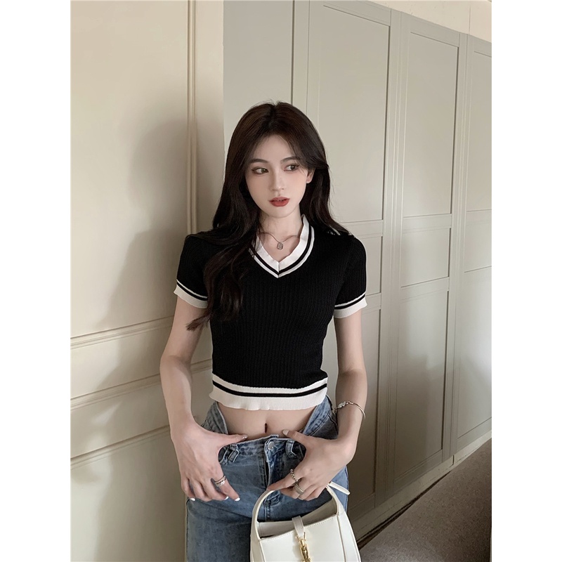 Áo thun SUXI croptop dệt kim cổ chữ V tay ngắn phong cách retro dành cho nữ