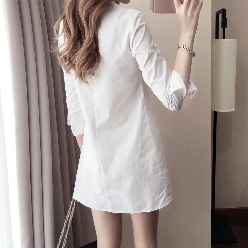 Đầm sơ mi tay dài cổ V màu trơn thời trang cho nữ