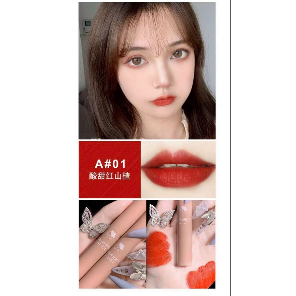 🔥 SON KEM STRAWBERRY VELVET TINT 💋1 - đỏ tươi ánh cam ( đỏ cà chua ) 2 - đỏ tươi thuần 3 - cam đất nude 4 - cam tươi