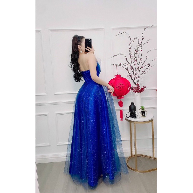 đầm kim tuyến cúp 2 tầng chéo dài