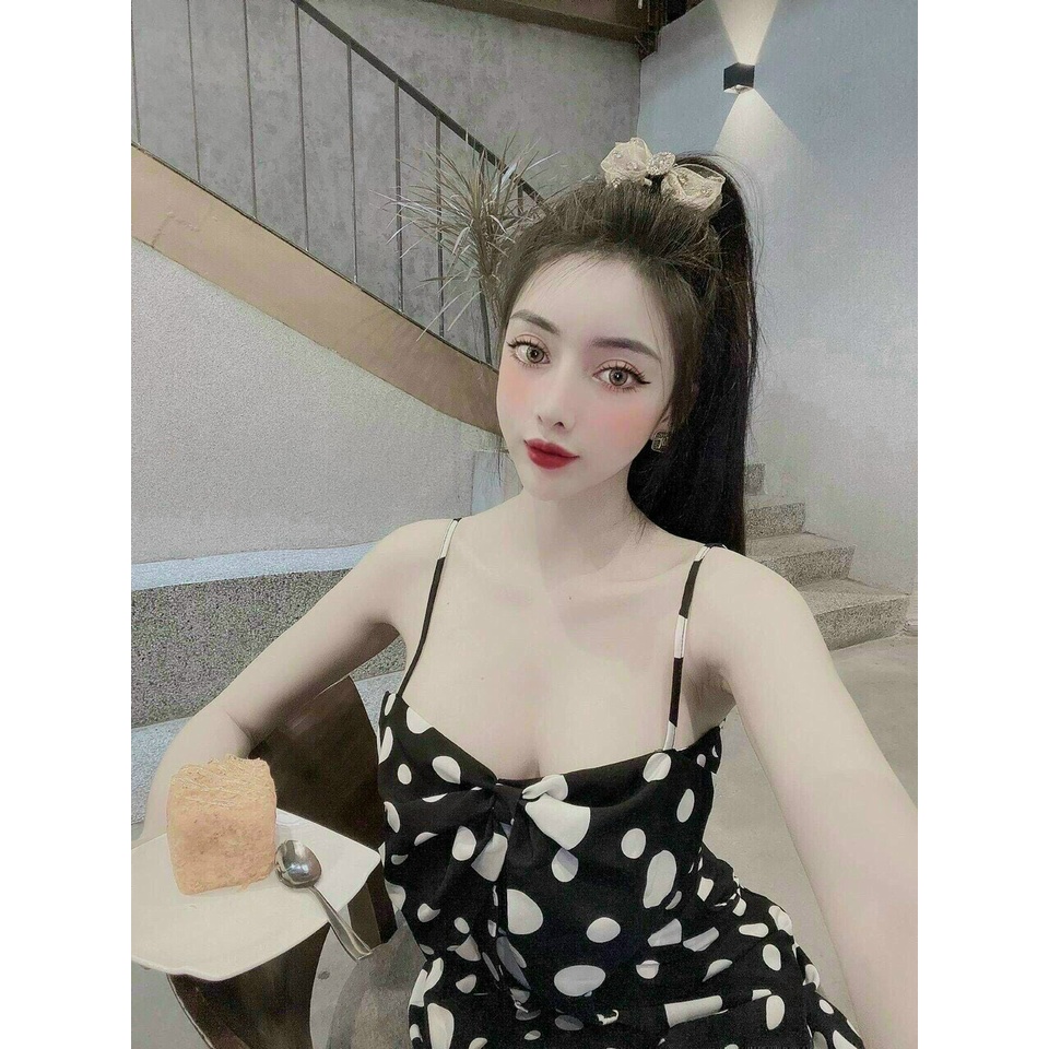 Đầm Lụa 2 Dây Dáng Dài Maxi, Đầm Xòe Dự Tiệc Chấm Bi Sang Chảnh Có Mút Ngực Kèm Túi Siêu Xinh Thời Trang Nữ Minh Phúc