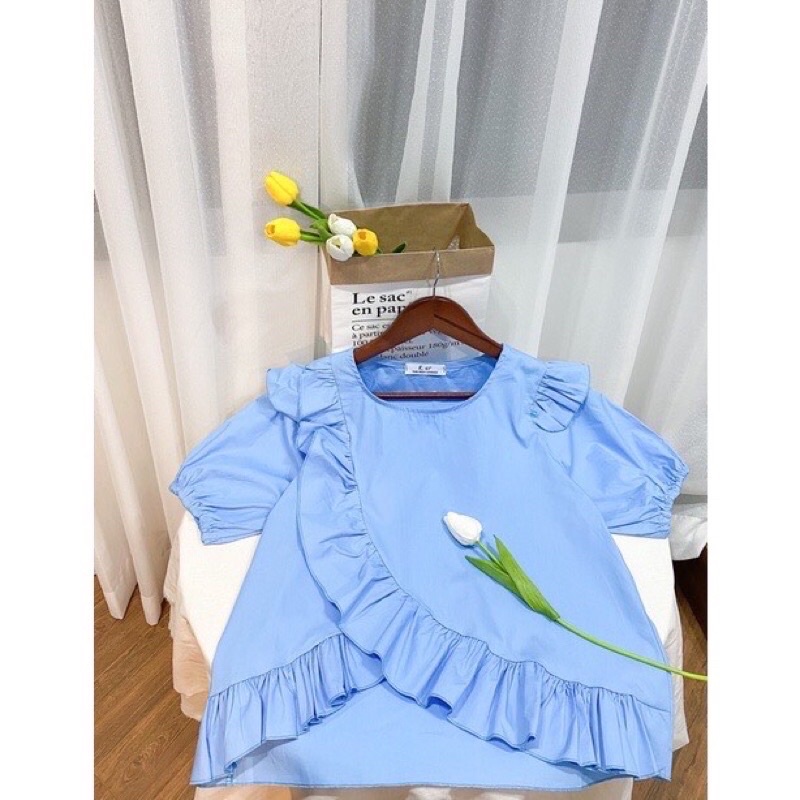 [Ảnh thật] Áo sơ mi xẻ vạt bèo chéo - Áo babydoll bèo chéo cộc tay
