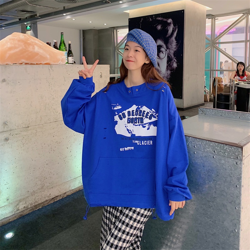 【ZHELIHANGFEI】Áo Thun Nỉ Tay Dài Dáng Rộng Rách Cá Tính Trẻ Trung Hợp Thời Trang