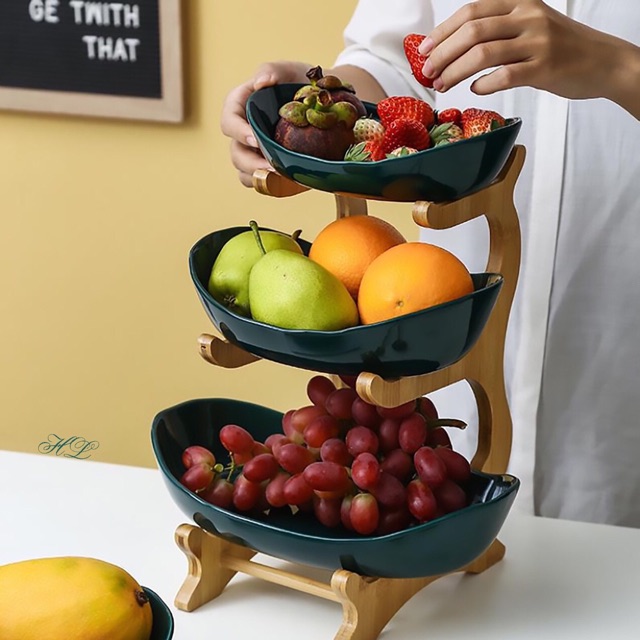 Khay Sứ 3 Tầng Đế Tre