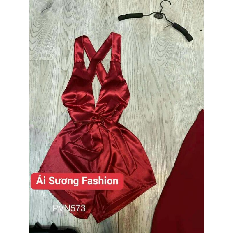 Set Bodysuit Hai Dây Cúp Ngực Chéo Lưng Kèm Quần Suông Xẻ Tà Hai Bên cực gợi cảm