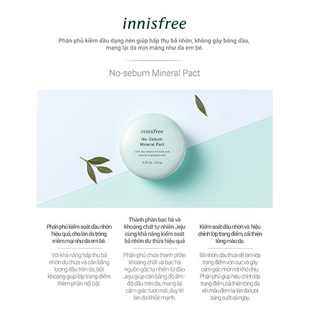 Phấn phủ kiềm dầu dạng nén Innisfree No Sebum Mineral Pact 8.5g