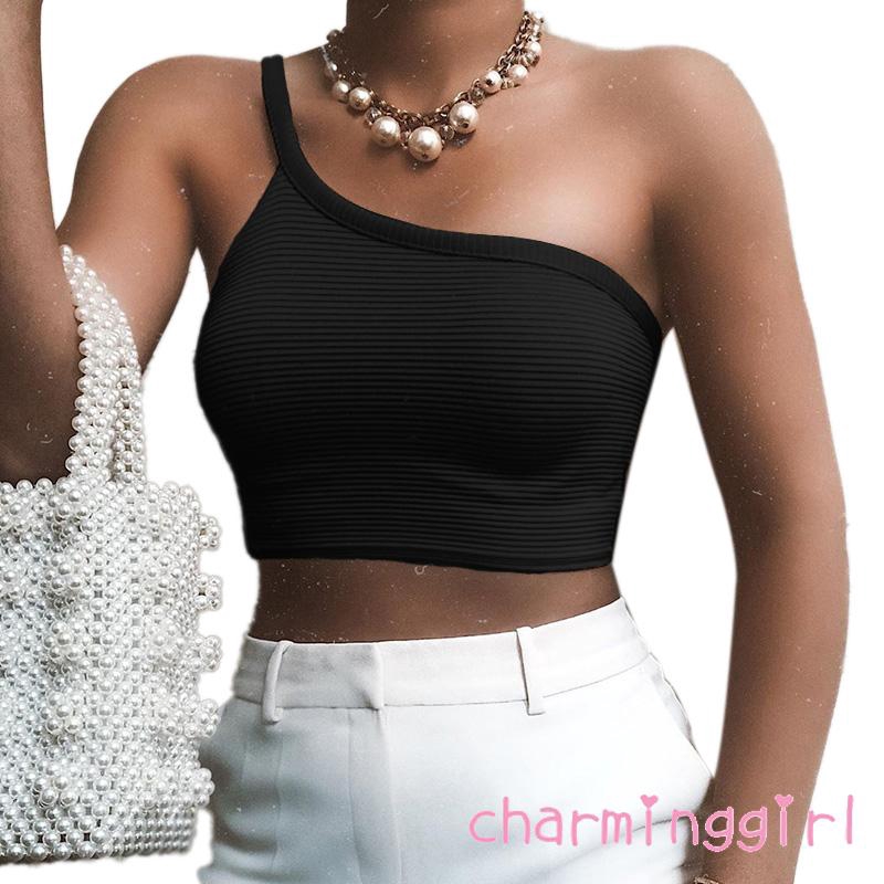 Áo Yếm Không Tay Màu Trơn Thiết Kế Lệch Vai Quyến Rũ Nữ Tính