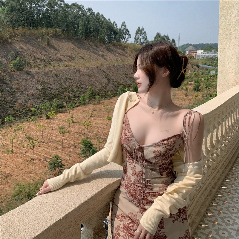 Đầm Hai Dây Họa Tiết Hoa Thiết Kế Dây Rút Phong Cách Retro | BigBuy360 - bigbuy360.vn