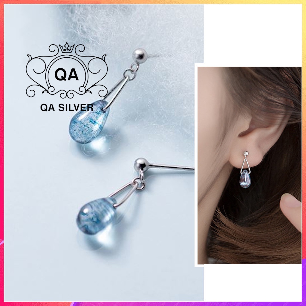 Khuyên tai bạc 925 giọt nước bông mặt đá vân xanh nữ S925 DEWDROP Silver Earrings QA SILVER EA180903