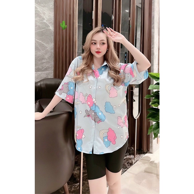 Áo sơ mi tay lỡ form rộng in hình họa tiết đám mây cầu vồng cực xinh , chất kate mềm mịn mát