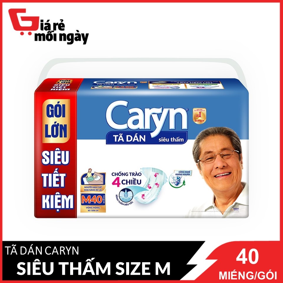 Tã Dán Caryn Siêu Thấm Bảo Vệ Vùng Xương Cụt Size M40 (Vòng Hông 61 - 106cm) 40 miếng/gói