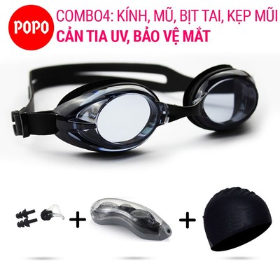 Bộ kính bơi người lớn nam nữ mắt trong POPO 1153 kèm mũ bơi trơn, bịt tai kẹp mũi chống tia UV