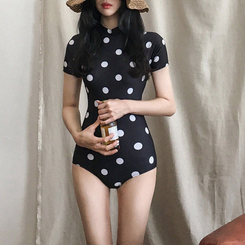 (ORDER) Bikini liền mảnh cộc tay đen chấm bi che bụng thon gọn style Hàn Quốc | WebRaoVat - webraovat.net.vn