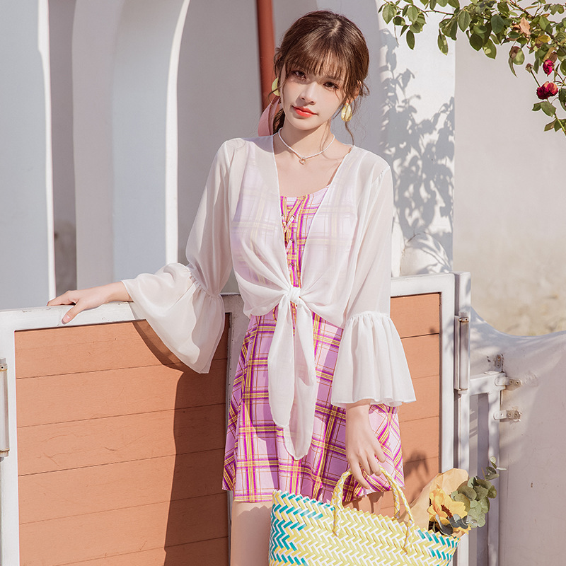 Fashion plaid blouse sunscreen small fresh girl swimsuit split skirt hot spring swimsuit casual beach swimwear | BigBuy360 - bigbuy360.vn