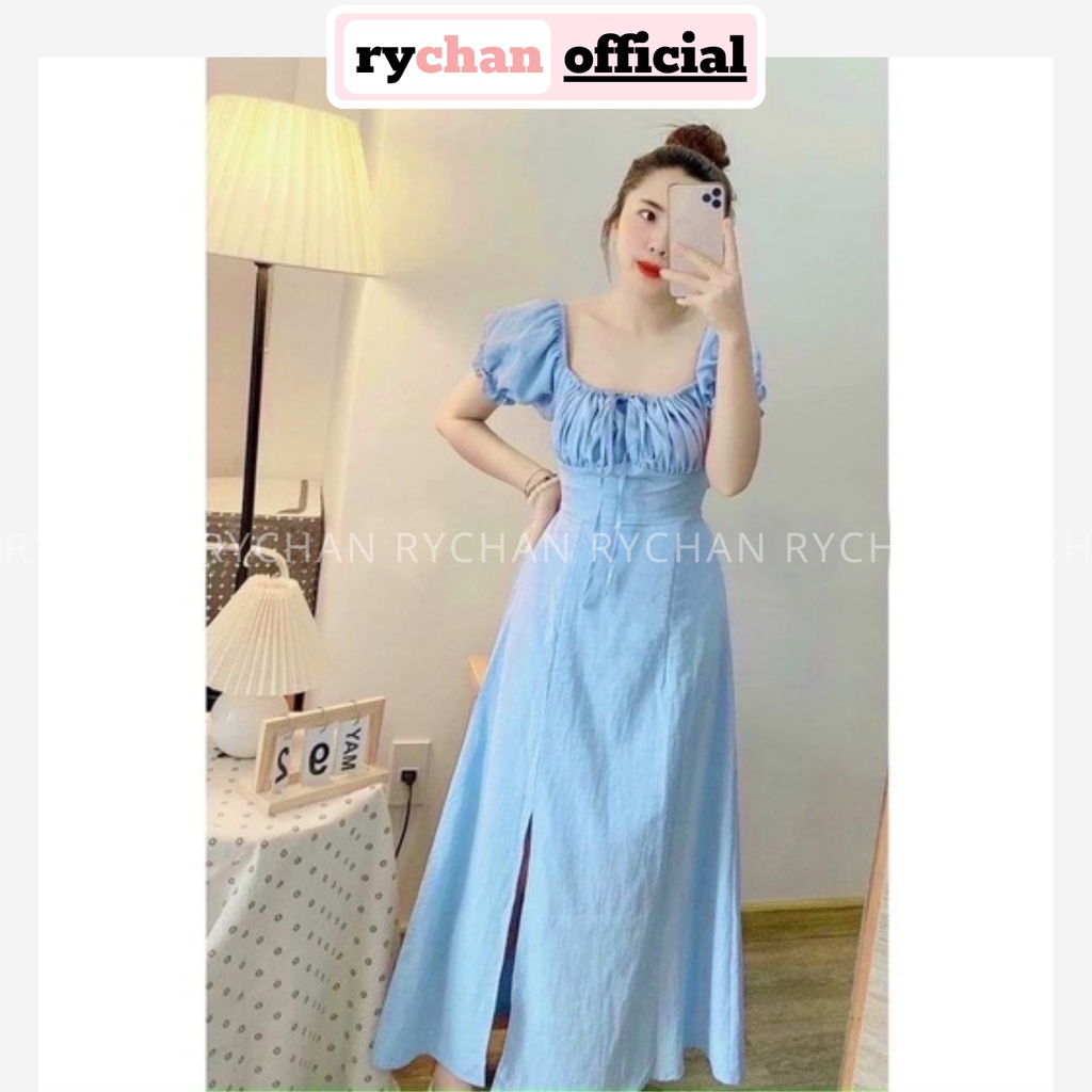 Đầm Du Lịch Biển Nữ Dáng Dài Mặc Được 2 Kiểu Cổ Vuông Tay Phồng Nhún Ngực Sang Trọng Màu Xanh [ẢNH THẬT CUỐI] - DX9924