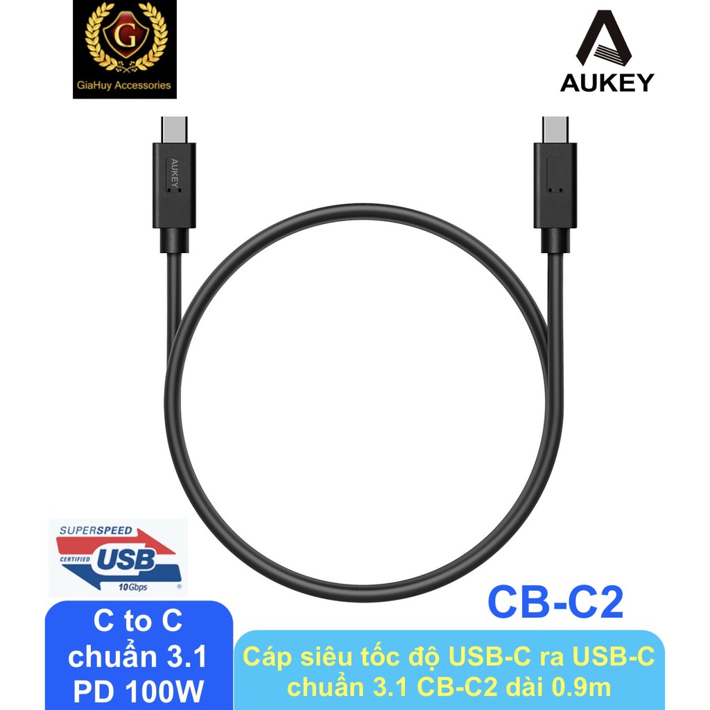 Cáp sạc Macbook Pro USB-C ra USB-C chuẩn 3.1 Gen2 AUKEY CB-C2 PD 100W dài 0.9m