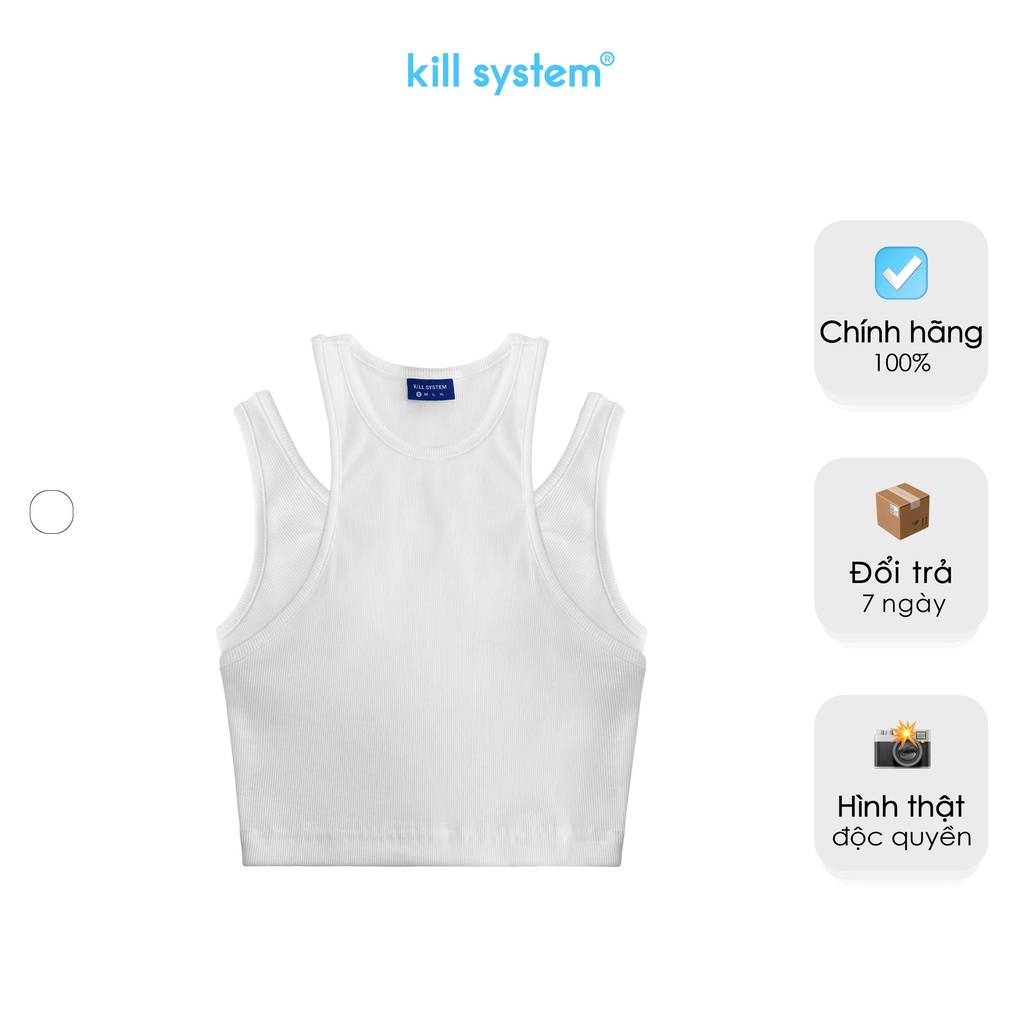 Áo ba lỗ khoét vai, croptop trơn giả hai áo, màu trắng thun gân co giãn Kill System