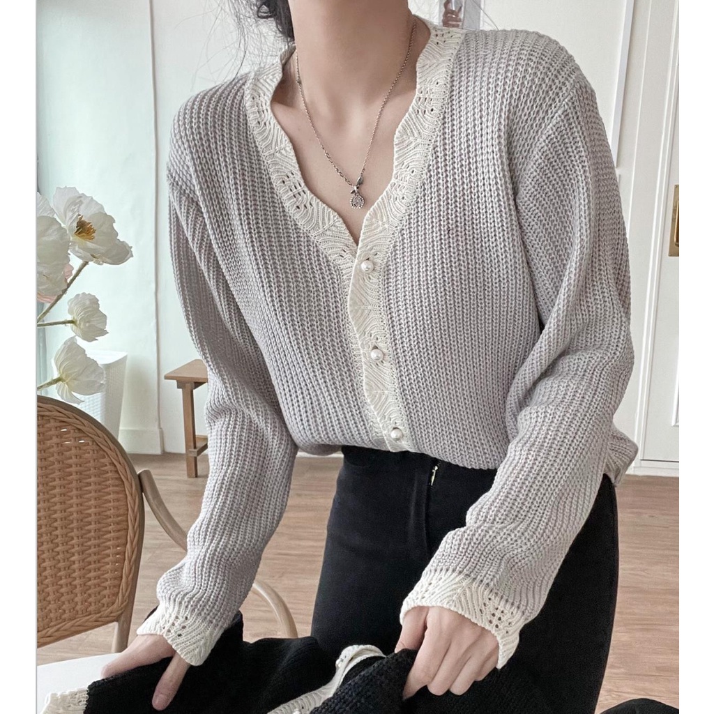 Áo khoác cardigan dệt kim tay dài cổ chữ V phối hàng nút thời trang cá tính 45439