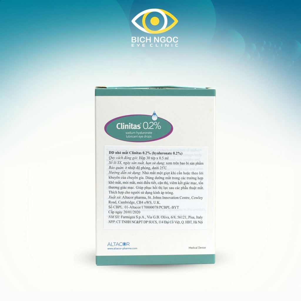 Dung dịch nhỏ mắt Clinitas 0.2% Nước mắt nhân tạo không chất bảo quản - Ý