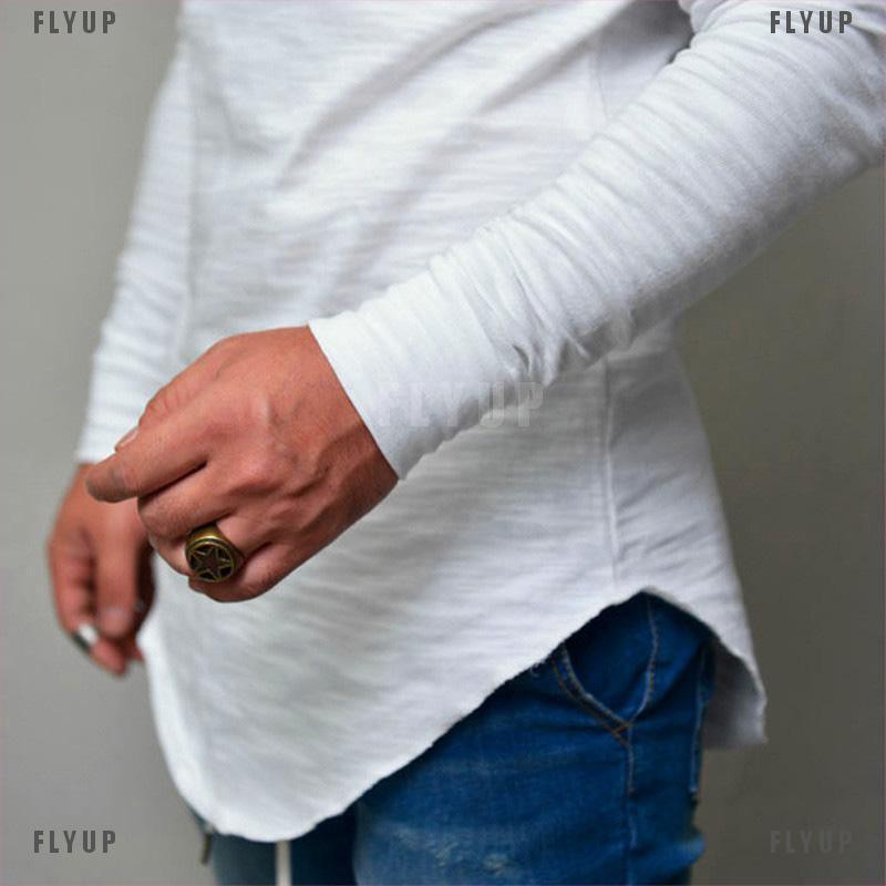 「FLYUP」Mens Gym T Shirt Longline Slim Fit Muscle Long Sleeve Curved Hem Tee Tops Casual