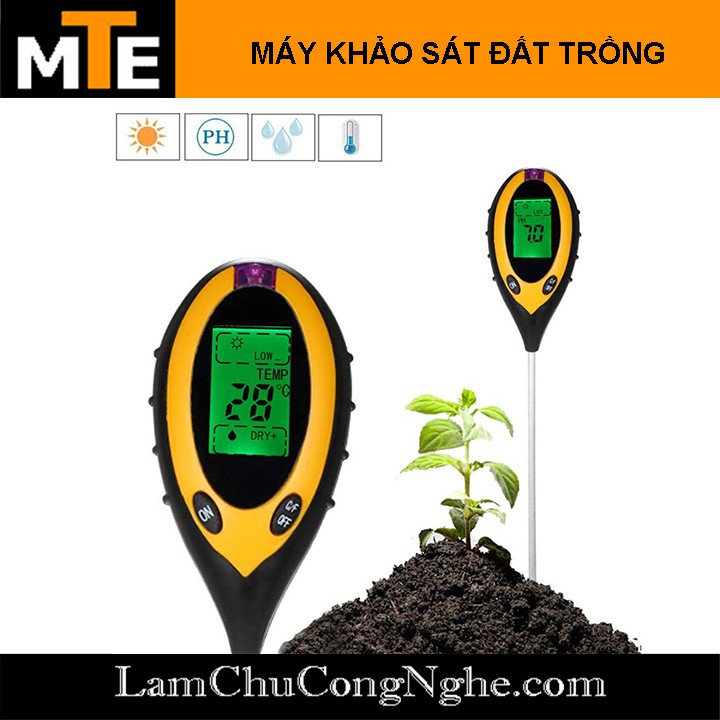 Máy đo PH, độ ẩm của đất, đo nhiệt độ, cường độ ánh sáng môi trường hiển thị LCD- KÈM PIN