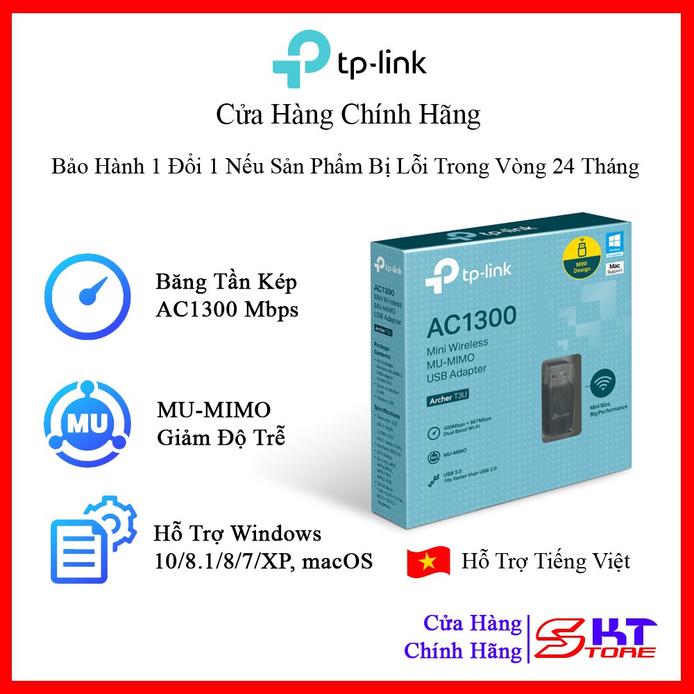 USB Thu Sóng Wifi MU-MIMO Tp-Link Archer T3U Chuẩn AC Tốc Độ 1300Mbps - Hàng Chính Hãng