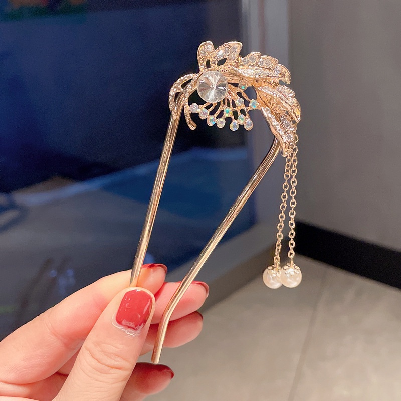 Kẹp tóc kim loại hình chữ U đính ngọc trai giả phong cách retro thời trang