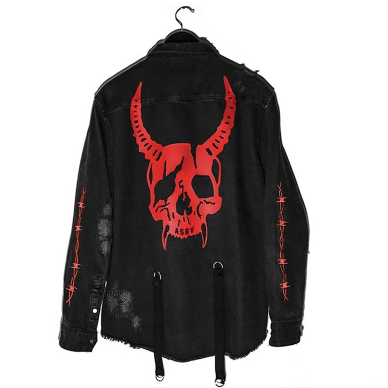 Skull Print Black Denim Jacket Men Plus Size Loose Jeans Jacket for Men Casual Streetwear Harajuku Gothic Demon Hunter Rock Punk Denim Jacket