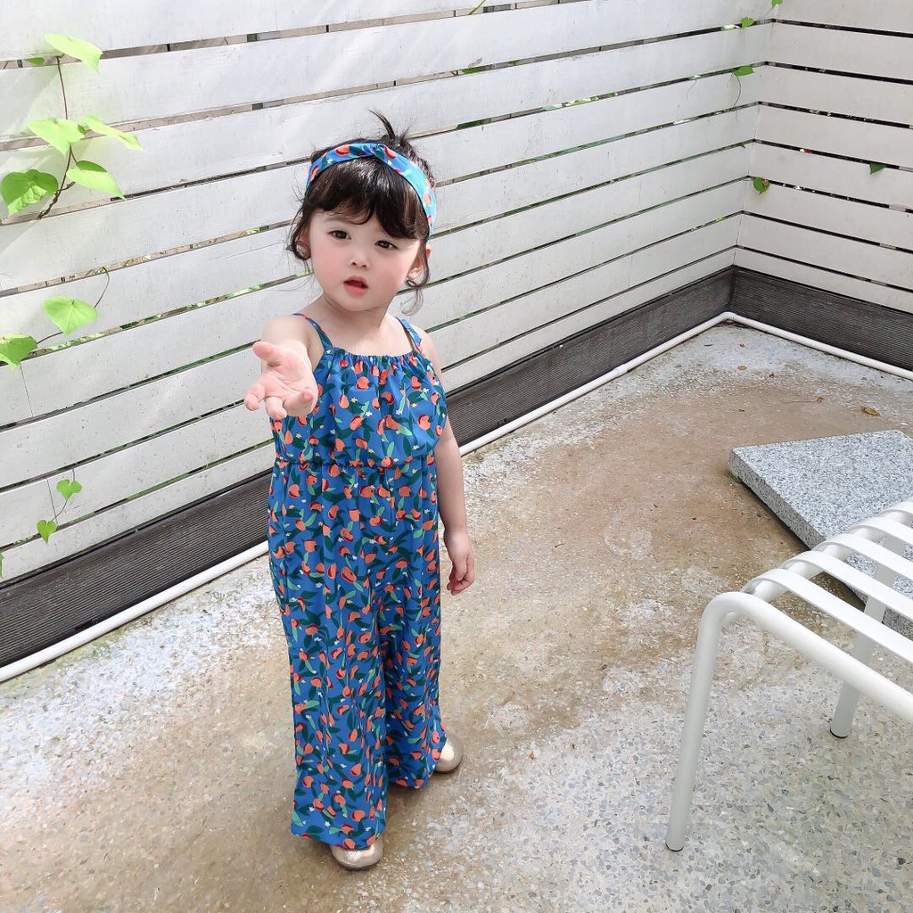 2021 Summer Korean Girl Floral Jumpsuit Children's Sling One-piece Send Headband