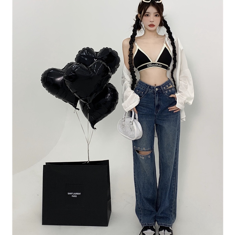 Quần Jean Nữ Lưng Cao Rách Gối Thời Trang