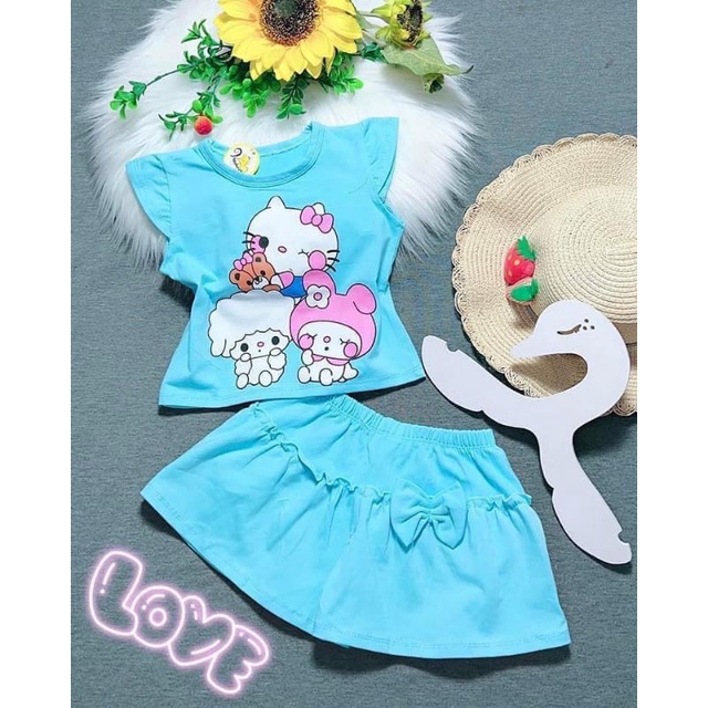 Bộ tay cộc quần đùi váy cho bé gái thun cotton 4 chiều co dãn tốt