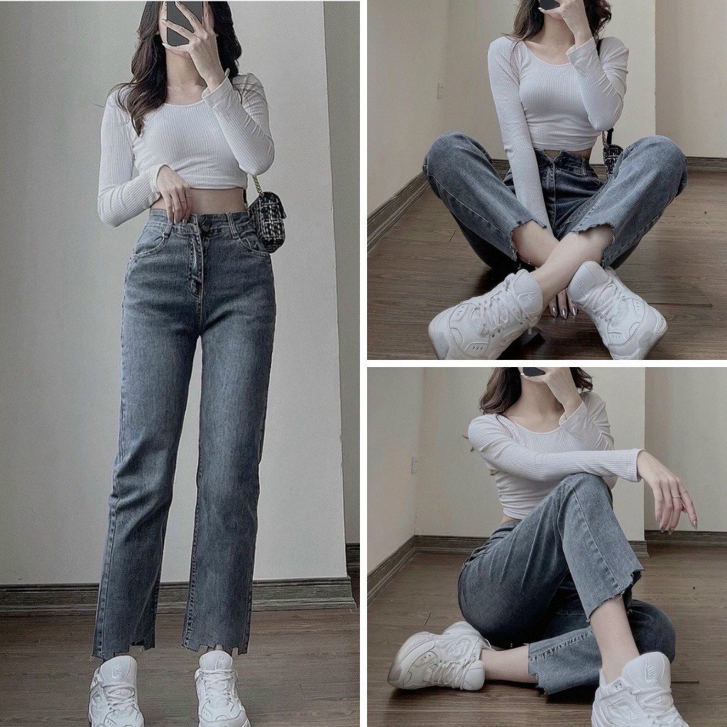 Quần jeans nữ cắt gấu.quần bò nữ ống đứng cắt gấu chuẩn phom hàn quốc | BigBuy360 - bigbuy360.vn