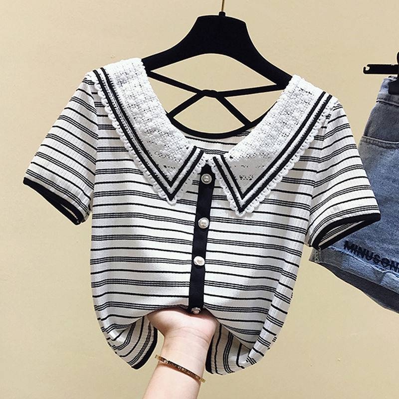 Black and white striped short-sleeved t-shirt women's lace doll collar slim slim cropped top