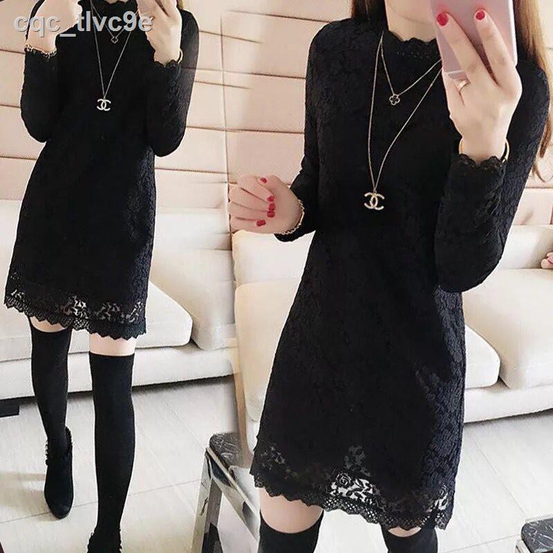 Autumn and winter large size high neck long-sleeved lace shirt plus velvet padded top Mid-length bottoming women s dress | BigBuy360 - bigbuy360.vn