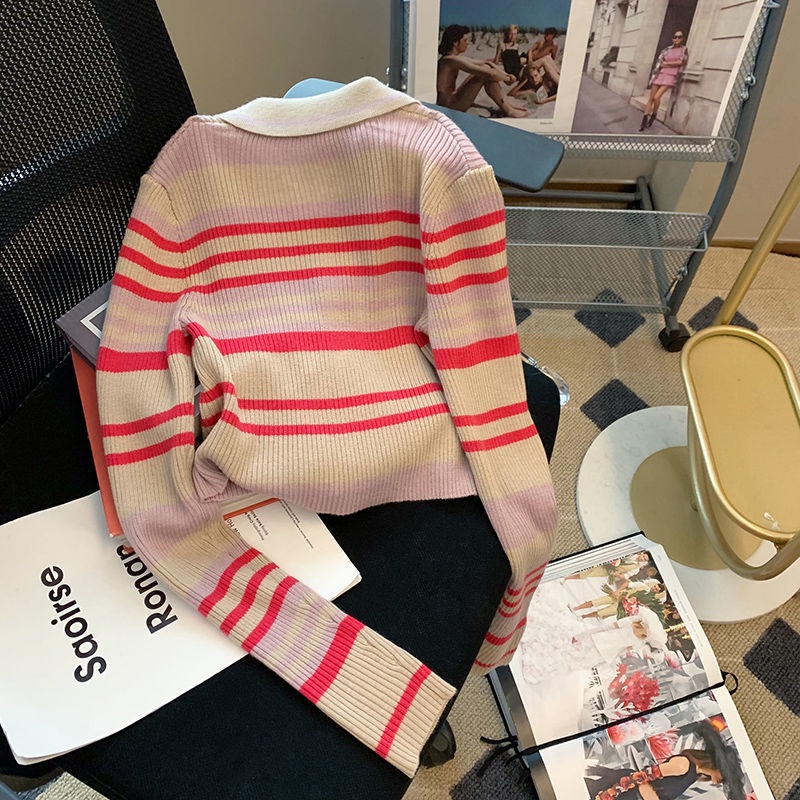 Áo sweater Dệt Kim Kẻ Sọc Màu Tương Phản Phong Cách Phương Tây Thời Trang Mùa Thu Cho Nữ